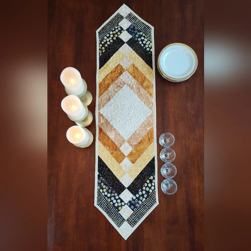Beautiful Black & Gold! NEW HANDMADE Quilted Batik Table Runner -  12 X 46" - Picture 3 of 10